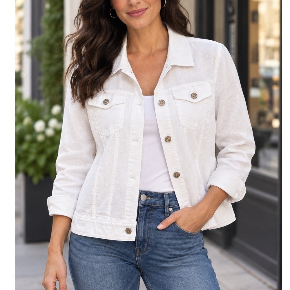 Jones New York Linen Jacket Womens Large White Excellent European Flax Trucker